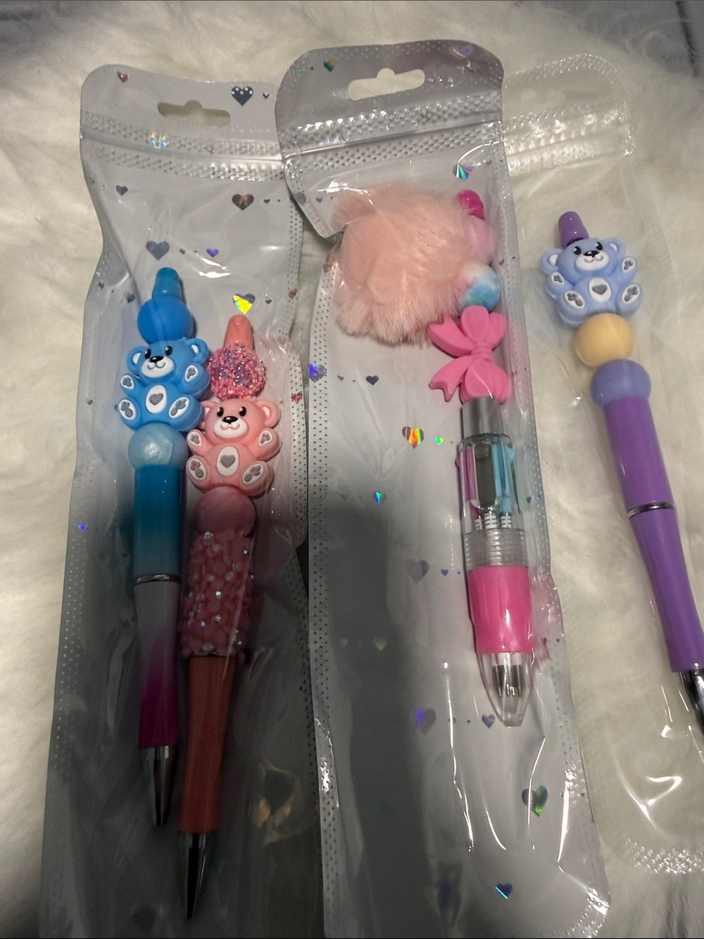 Cute Multi-Color Plush Top Kids Pens - Pink & Purple
